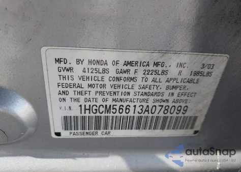 2003 Honda Accord 2.4 Ex z USA, uszkodzony, nr VIN 1HGCM56613A078099